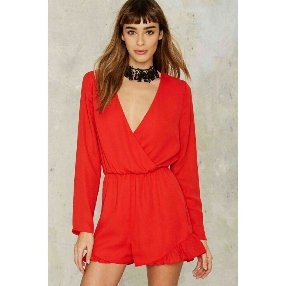 Nasty gal Womens Red Parigi Plunging Ruffle Romper Size XS $68